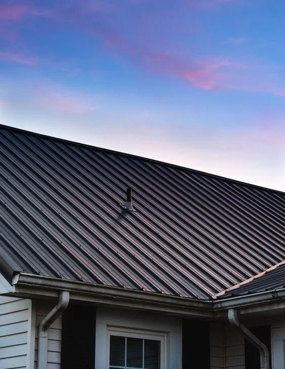 Metal roof profile beneath an evening sky